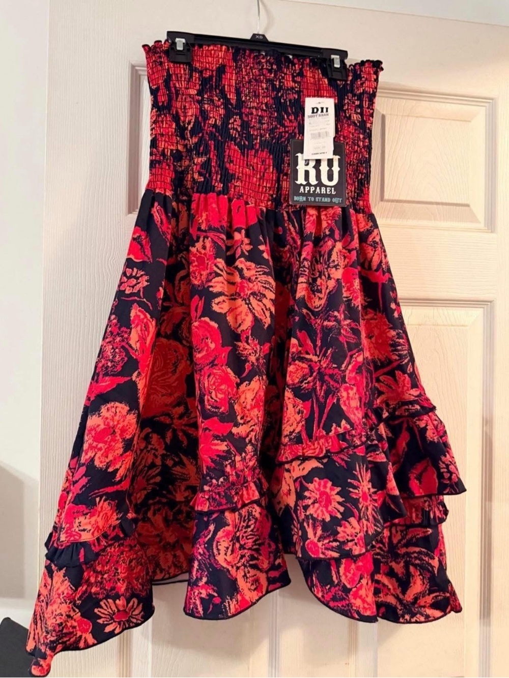 Women's Red Floral Smocked Strapless Dress